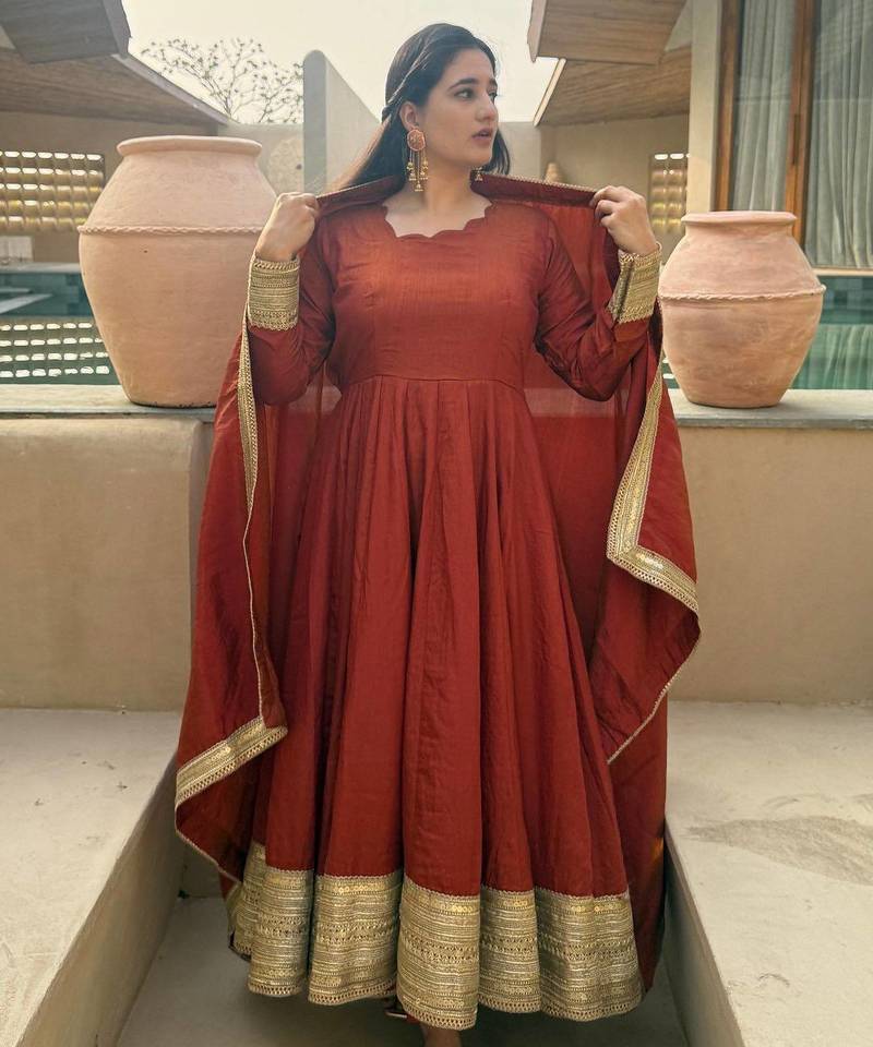 Dark Orange sequin And Embroidery Work Silk Blend Salwar Suite
