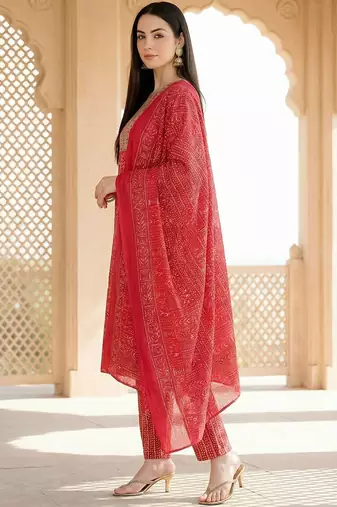 Women Ethnic Motifs Printed Regular Thread Work Pure Cotton Kurta with Trousers & With Dupatta