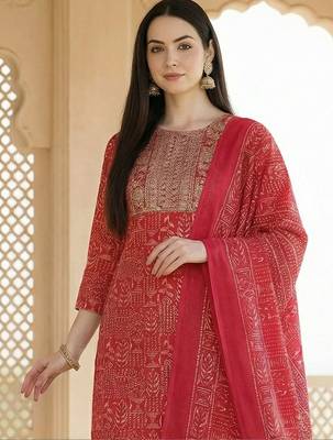 Women Ethnic Motifs Printed Regular Thread Work Pure Cotton Kurta with Trousers & With Dupatta 3