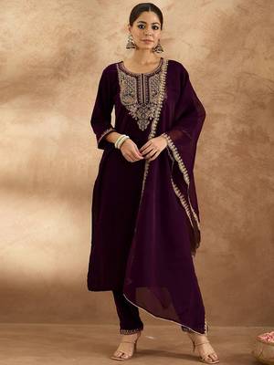 Women Ethnic Motifs Embroidered Regular Velvet Kurta with Trousers & With Dupatta 1
