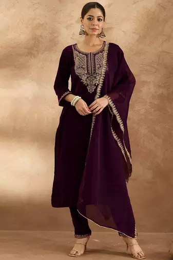 Women Ethnic Motifs Embroidered Regular Velvet Kurta with Trousers & With Dupatta