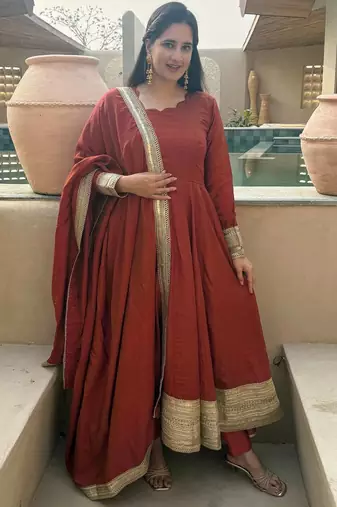 Dark Orange sequin And Embroidery Work Silk Blend Salwar Suite