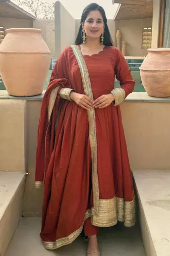 Dark Orange sequin And Embroidery Work Silk Blend Salwar Suite