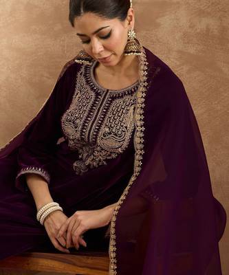 Women Ethnic Motifs Embroidered Regular Velvet Kurta with Trousers & With Dupatta 2