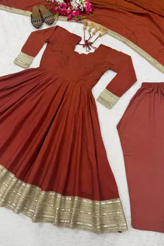 Dark Orange sequin And Embroidery Work Silk Blend Salwar Suite