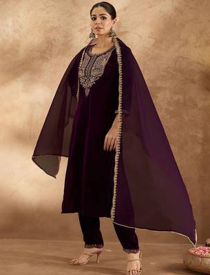 Women Ethnic Motifs Embroidered Regular Velvet Kurta with Trousers & With Dupatta 5