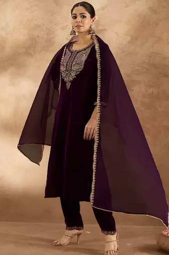 Women Ethnic Motifs Embroidered Regular Velvet Kurta with Trousers & With Dupatta