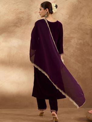 Women Ethnic Motifs Embroidered Regular Velvet Kurta with Trousers & With Dupatta 6