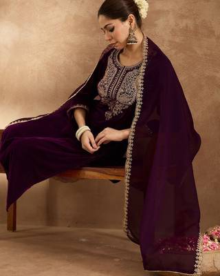 Women Ethnic Motifs Embroidered Regular Velvet Kurta with Trousers & With Dupatta 7