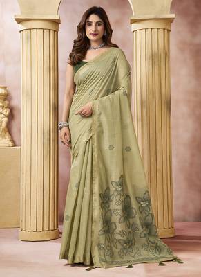 Sage green linen silk blend saree with floral woven pallu & tassels 1