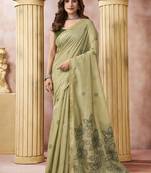 Sage green linen silk blend saree with floral woven pallu & tassels