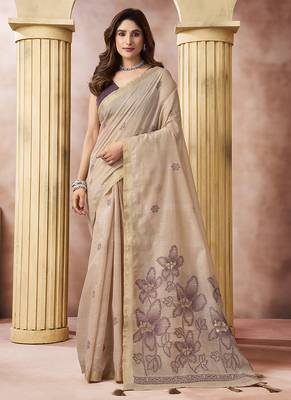 Beige linen silk blend saree with floral woven pallu & tassels 1