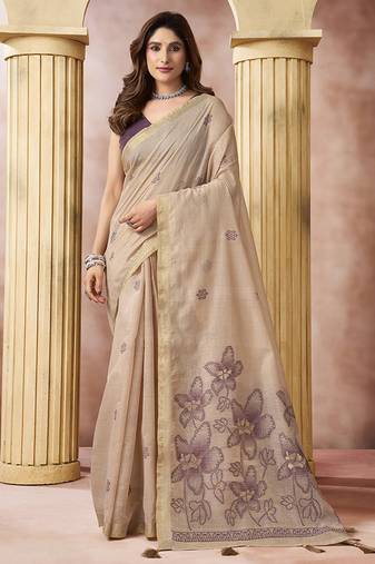 Beige linen silk blend saree with floral woven pallu & tassels