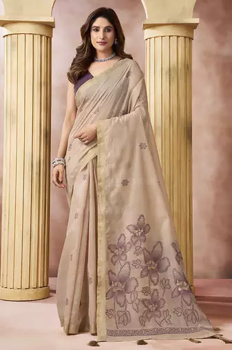 Beige linen silk blend saree with floral woven pallu & tassels