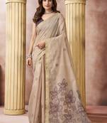 Beige linen silk blend saree with floral woven pallu & tassels