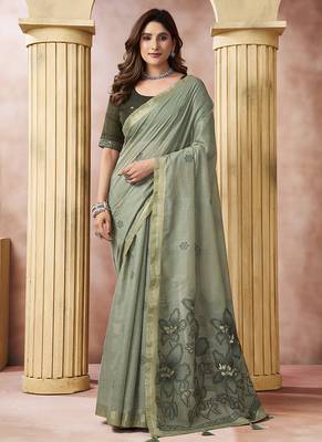 Olive gray linen silk blend saree with floral woven pallu & tassels 1