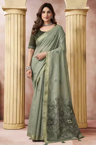 Olive gray linen silk blend saree with floral woven pallu & tassels