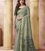Olive gray linen silk blend saree with floral woven pallu & tassels