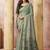 Olive gray linen silk blend saree with floral woven pallu & tassels
