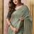 Olive gray linen silk blend saree with floral woven pallu & tassels