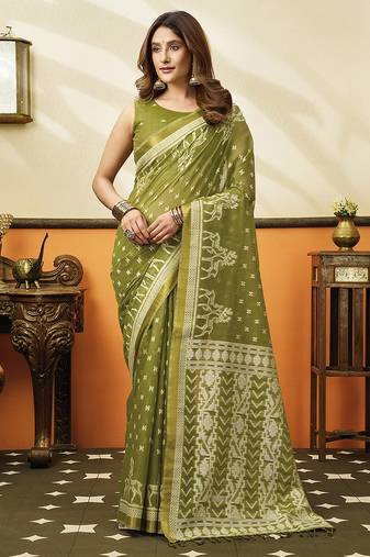 Olive green printed cotton blend saree with ethnic border & pallu