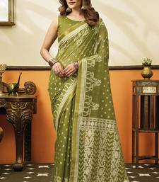 Olive green printed cotton blend saree with ethnic border & pallu