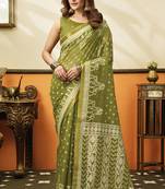 Olive green printed cotton blend saree with ethnic border & pallu