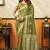 Olive green printed cotton blend saree with ethnic border & pallu