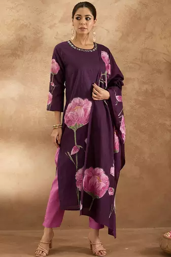 Women Floral Printed Regular Pure Cotton Kurta with Trousers & With Dupatta