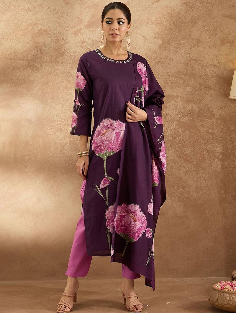 Women Floral Printed Regular Pure Cotton Kurta with Trousers & With Dupatta