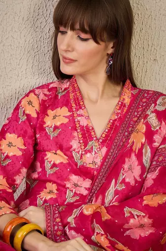 Floral Printed Pleated Mirror Work Pure Cotton Kurta with Trousers & Dupatta