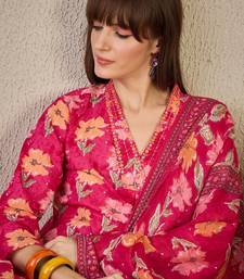 Floral Printed Pleated Mirror Work Pure Cotton Kurta with Trousers & Dupatta