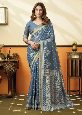Steel blue printed cotton blend saree with ethnic border & pallu 1
