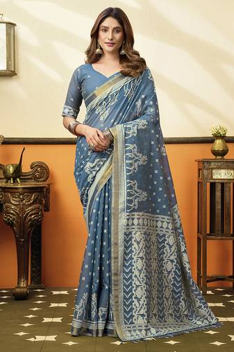 Steel blue printed cotton blend saree with ethnic border & pallu