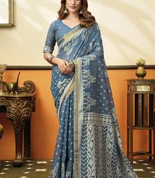 Steel blue printed cotton blend saree with ethnic border & pallu