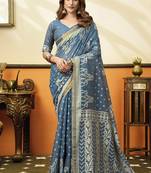 Steel blue printed cotton blend saree with ethnic border & pallu