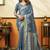 Steel blue printed cotton blend saree with ethnic border & pallu