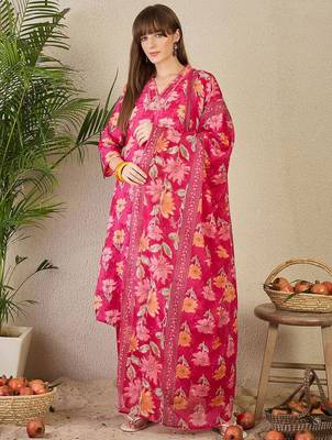Floral Printed Pleated Mirror Work Pure Cotton Kurta with Trousers & Dupatta 1