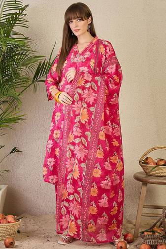 Floral Printed Pleated Mirror Work Pure Cotton Kurta with Trousers & Dupatta