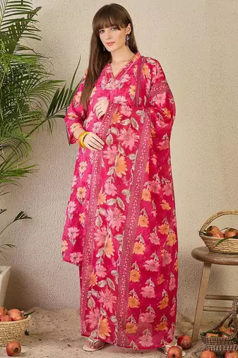 Floral Printed Pleated Mirror Work Pure Cotton Kurta with Trousers & Dupatta