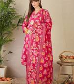 Floral Printed Pleated Mirror Work Pure Cotton Kurta with Trousers & Dupatta