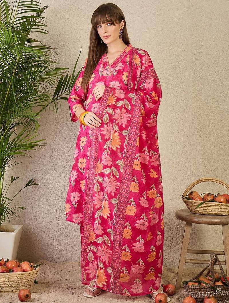 Floral Printed Pleated Mirror Work Pure Cotton Kurta with Trousers & Dupatta