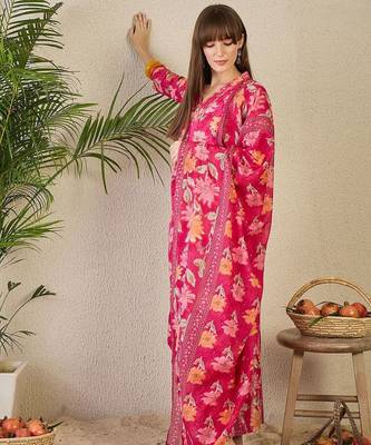 Floral Printed Pleated Mirror Work Pure Cotton Kurta with Trousers & Dupatta 3