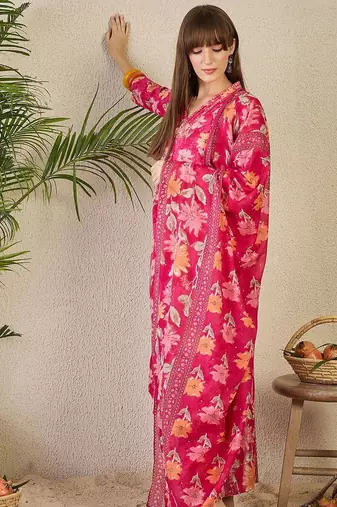 Floral Printed Pleated Mirror Work Pure Cotton Kurta with Trousers & Dupatta