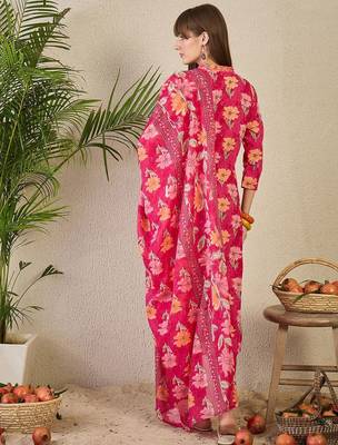 Floral Printed Pleated Mirror Work Pure Cotton Kurta with Trousers & Dupatta 4