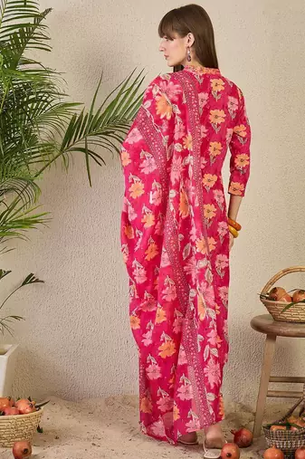 Floral Printed Pleated Mirror Work Pure Cotton Kurta with Trousers & Dupatta