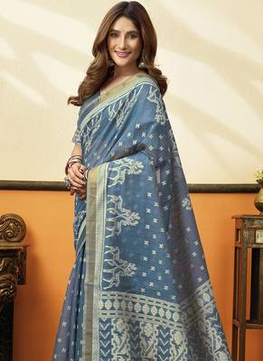 Steel blue printed cotton blend saree with ethnic border & pallu 2