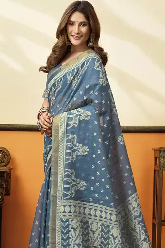 Steel blue printed cotton blend saree with ethnic border & pallu
