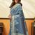 Steel blue printed cotton blend saree with ethnic border & pallu