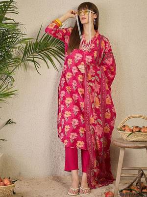 Floral Printed Pleated Mirror Work Pure Cotton Kurta with Trousers & Dupatta 5